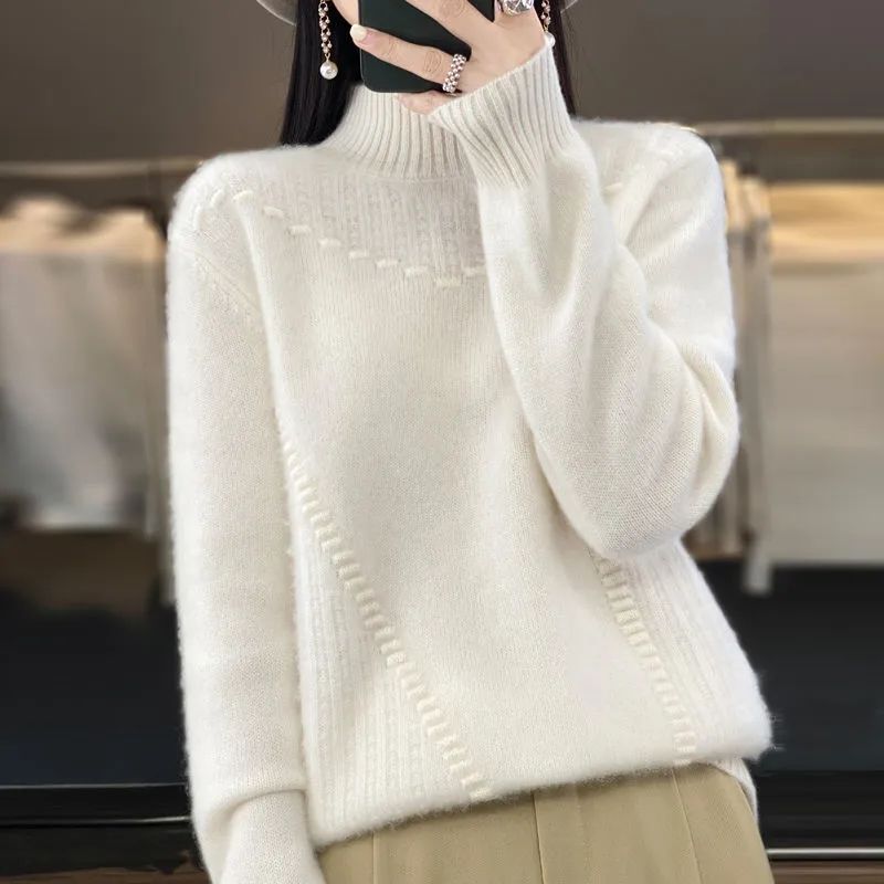 Women's Solid Color Turtleneck Sweater Autumn Winter Knitted Top Fashionable Warm Base Layer