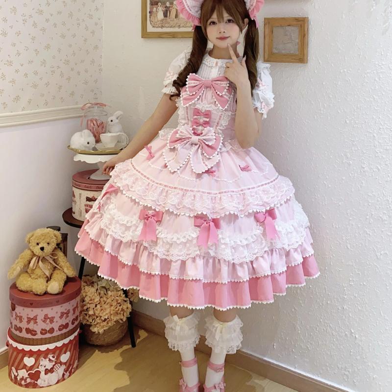 Summer Original Sweet Lolita Jsk Dress Cute Bow Lace Stitching Kawaii Girls Women Elegant Slim Suspender Dresses