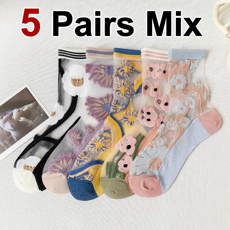 

5 пар женских дышащих носков средней длины с цветочным узором, летние тонкие модные смешанные мягкие удобные повседневные носки One Size