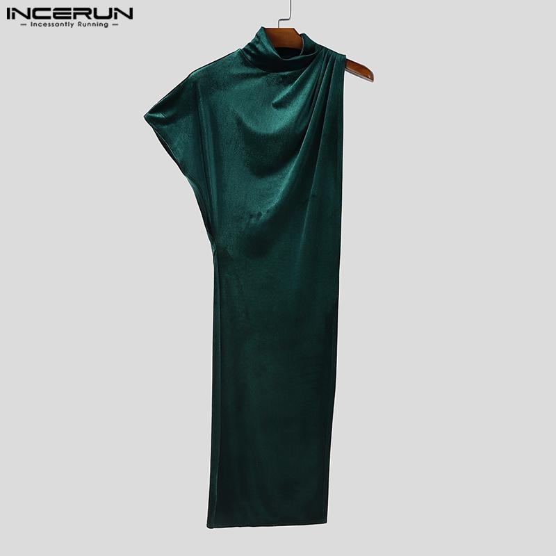 INCERUN Herren Rollkragen Ein-Schulter Ärmel Glitzer Hohe Schlitze Lässige Lange Oberteile T-Shirts