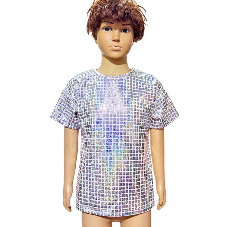 

Клетчатая футболка для чирлидинга с лазерными пайетками - Универсальная футболка с короткими рукавами для взрослых и детей 150cm серебряный