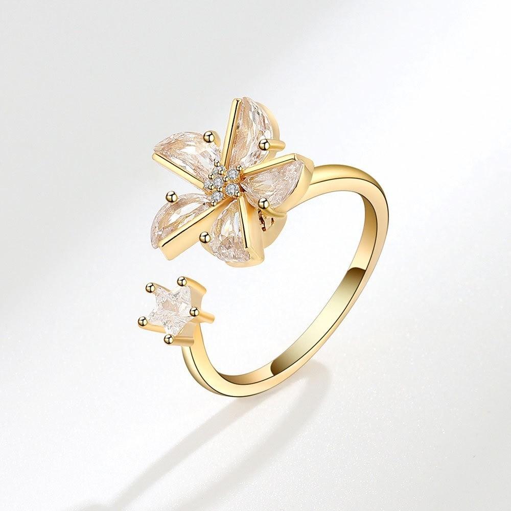 Star Rhinestone Flower Opening Ring Zircon Crystal Flower Ring Elegant Rotatable Ring For Women