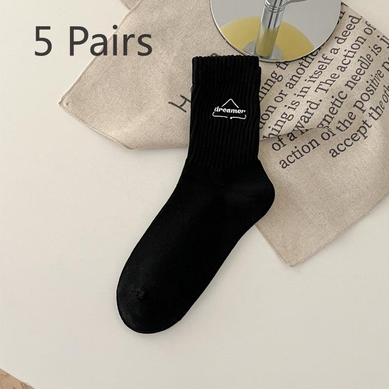 5 Pairs of Female Spring Summer Letter Embroidered Tube Socks