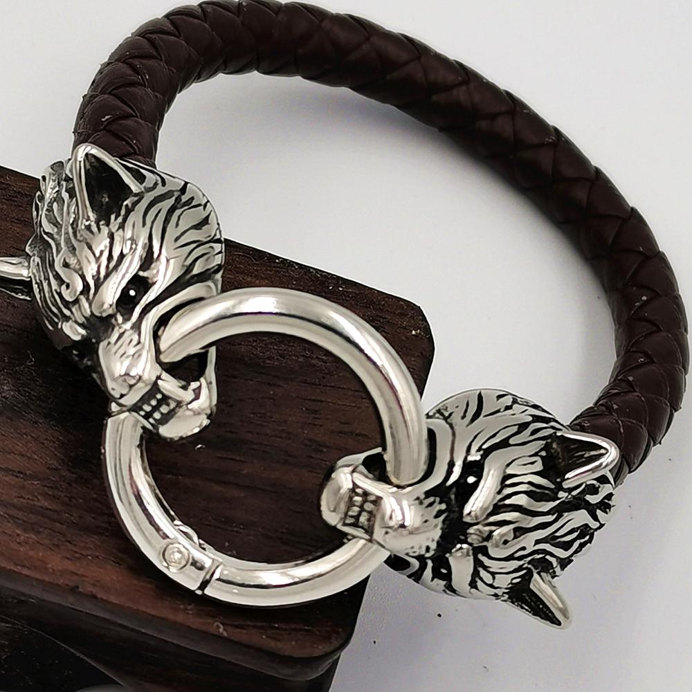 Wolf Head Bracelet Stainless Steel Viking Rune Bead Leather Bracelet Jewelry For Women Men Unisex Gift