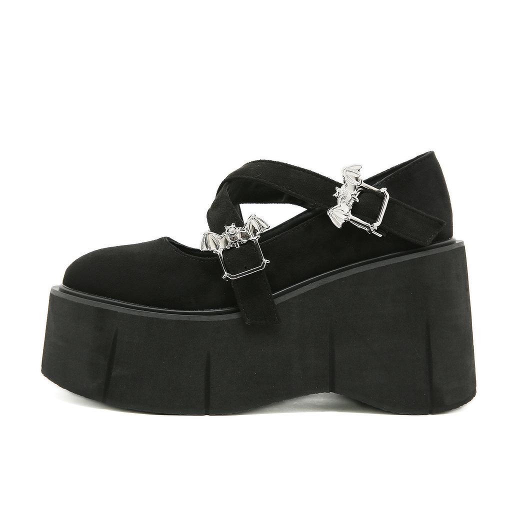 Gdgydh Damskie Gotyckie Buty Mary Jane na Platformie Gruba Podeszwa Wodoodporne Obcasy na Platformie Krzyżowe Klamry Koturny Klamra w Kształcie Nietoperza