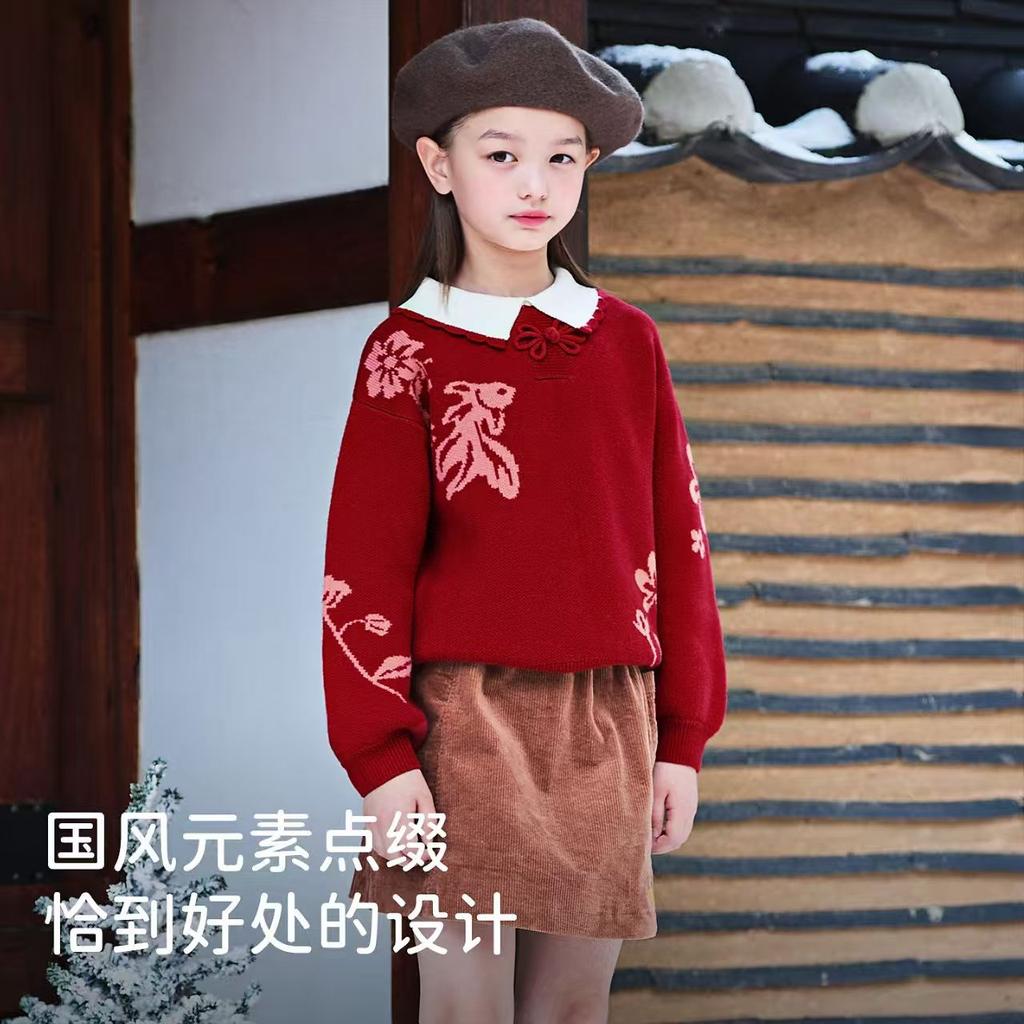 David Bella Girls' Knitted Sweater Autumn Collection New Children's Red Sweater Chinese Style Children's Clothing