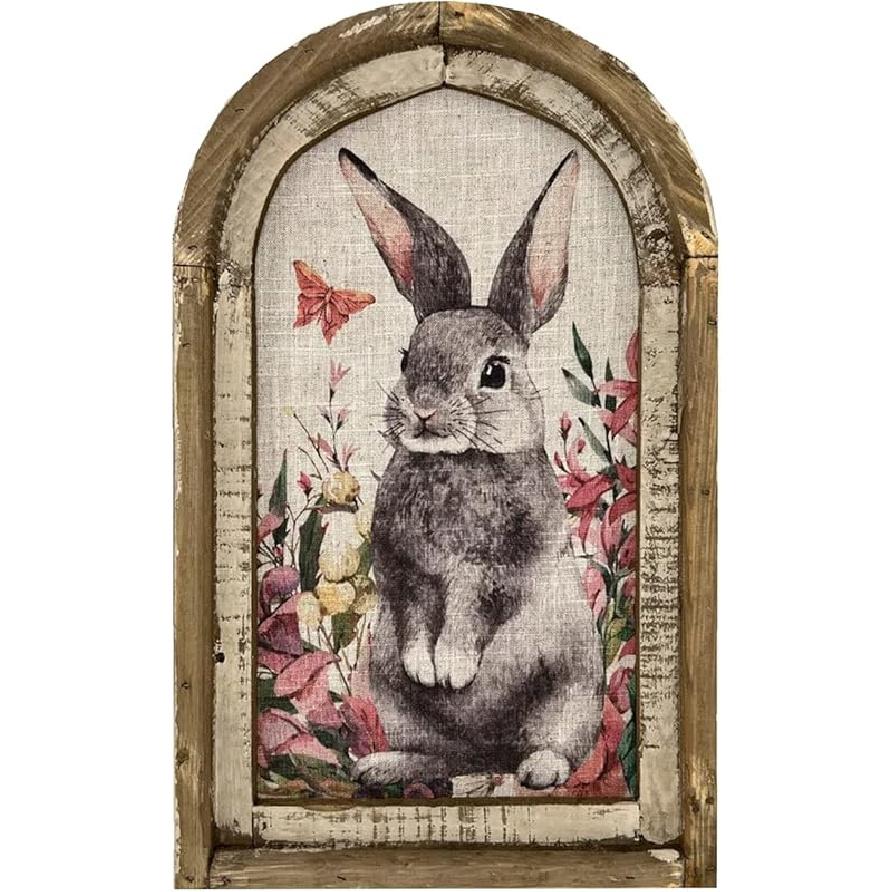 12 * 8 Inch Bunny Decor – French Country Rustic Farmhouse Rabbit Wall Art Poster, Vintage Wooden Wall Decor with Frame for Home & Easter Decoration