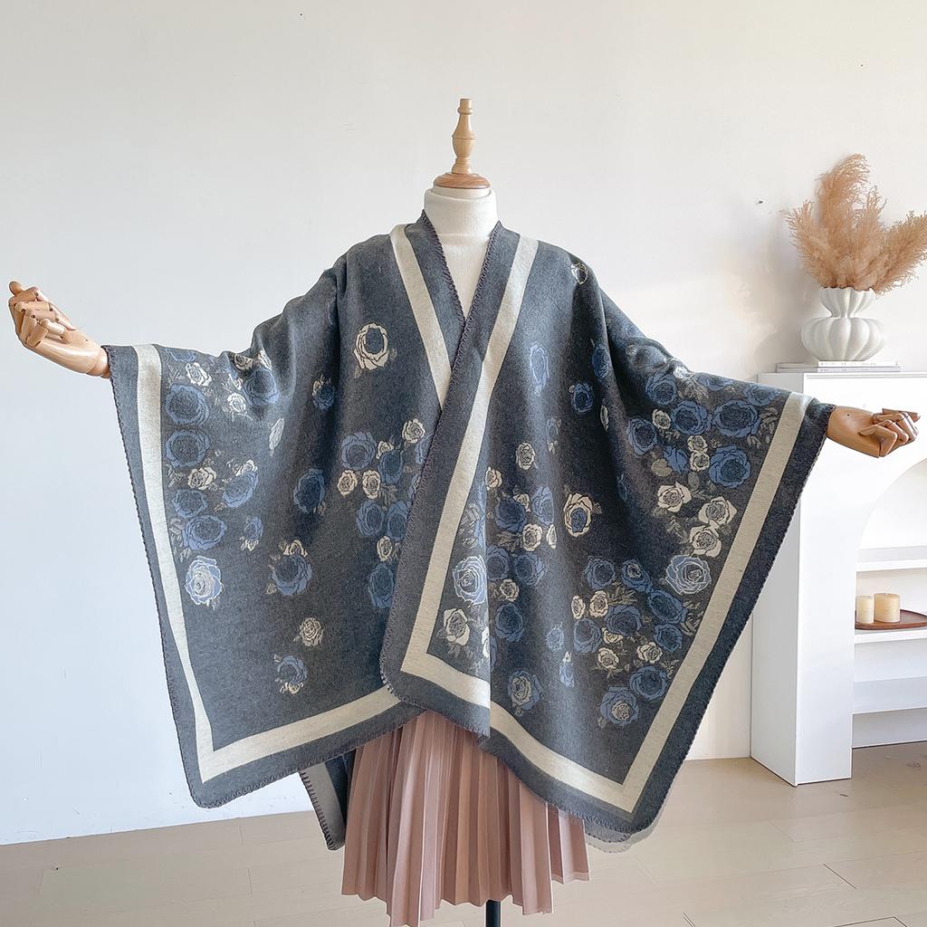 Fashion Winter Cashmere Shawl For Women - Floral Oil Painting Printed Pashmina Thick Scarf, Warm Wrap & Echarpe Poncho