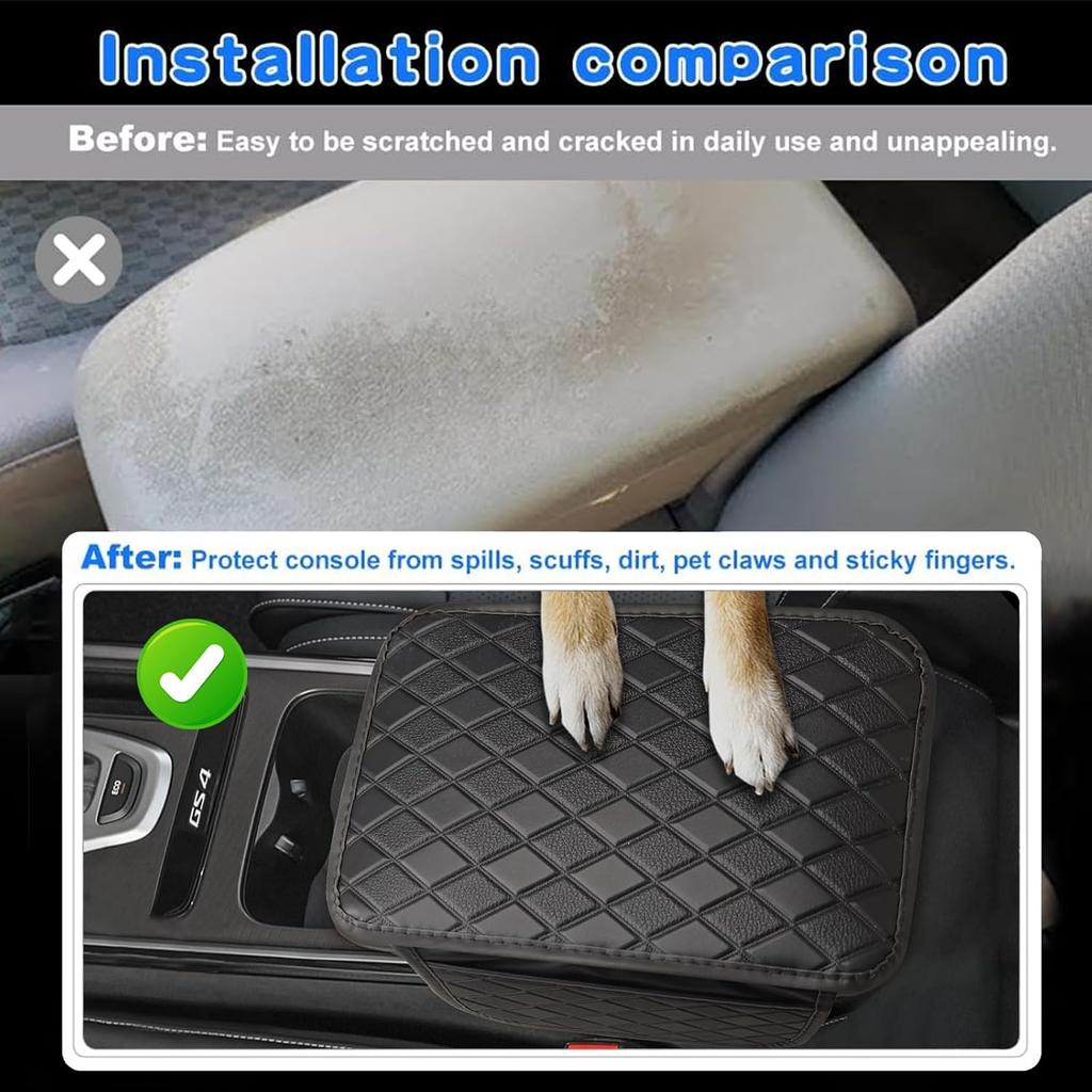 Center Console Cover Universal Armrest Cover with 2 Storage Bags Leather Car Middle Console Cover Arm Rest Cover for Car Interior Accessories