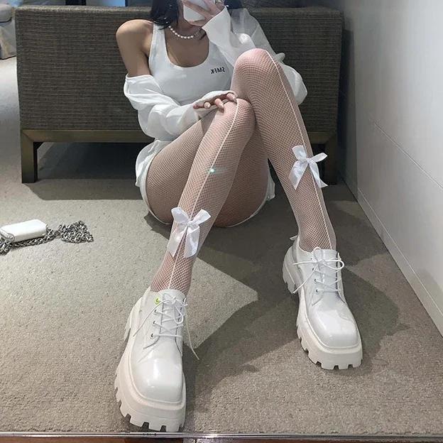 Lolita Girls Bowknot Hollow Out Pantyhose for Women Sexy Thin Sweet Lace Tights Anime Socks Black White Fishnet Silk Stockings