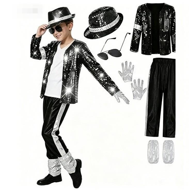 Kids Boy Michael Jackson Cosplay Black Suit Dance Disco Halloween Fancy Dress Up 80s Pop King Costume for Top Pants