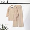 HNXC Plus Size Women Casual Button Mid Sleeve Pocket Solid Colour Cotton V-Neck Top Pants Set