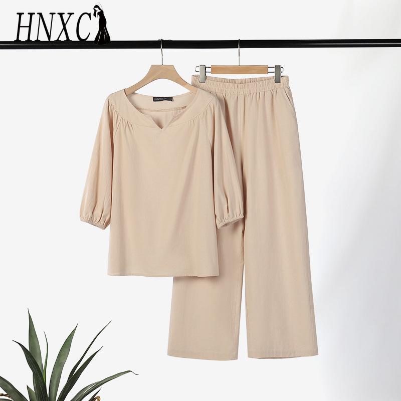 HNXC Plus Size Women Casual Button Mid Sleeve Pocket Solid Colour Cotton V-Neck Top Pants Set