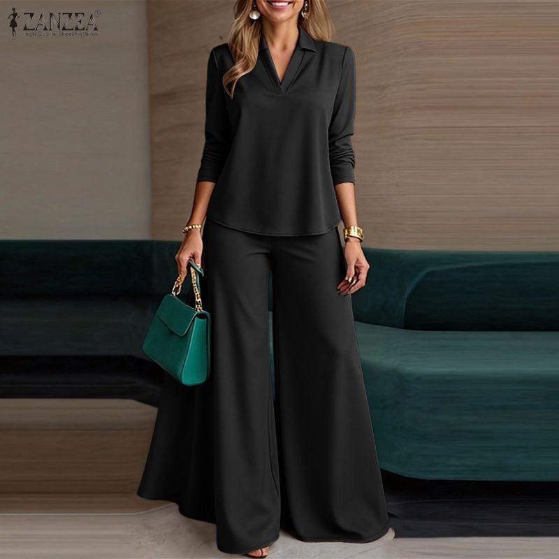 ZANZEA Damska Bluzka z Długim Rękawem i Spodnie z Szerokimi Nogawkami Casualowe Dwuczęściowe Zestawy