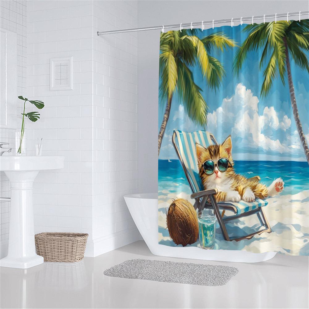 Beach-Themed Kitten Shower Curtain - Cat In Sunglasses, Palm Trees & Coconuts, Tropical Style, Machine Washable Polyester