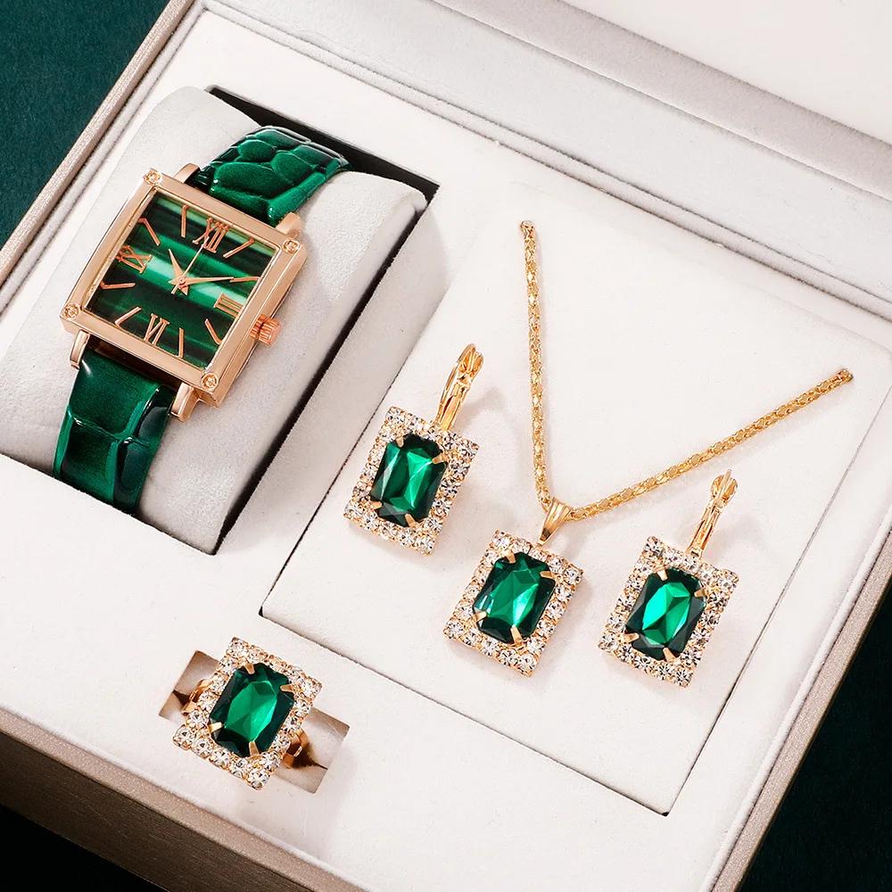 5 ks/sada Vintage čtvercové dámské hodinky Roma Quartz hodinky Analogové dámské náramkové hodinky & Sada šperků s kamínky, Dárek pro maminku ji