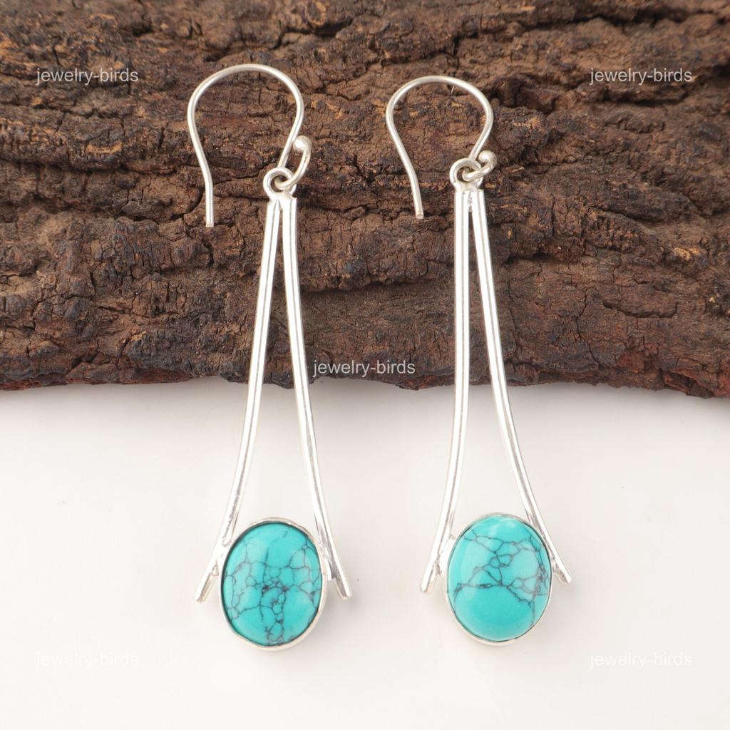 Oval Blue Turquoise Stone Hook Drop Dangle Earrings Jewelry 925 Sterling Silver EE-136-33