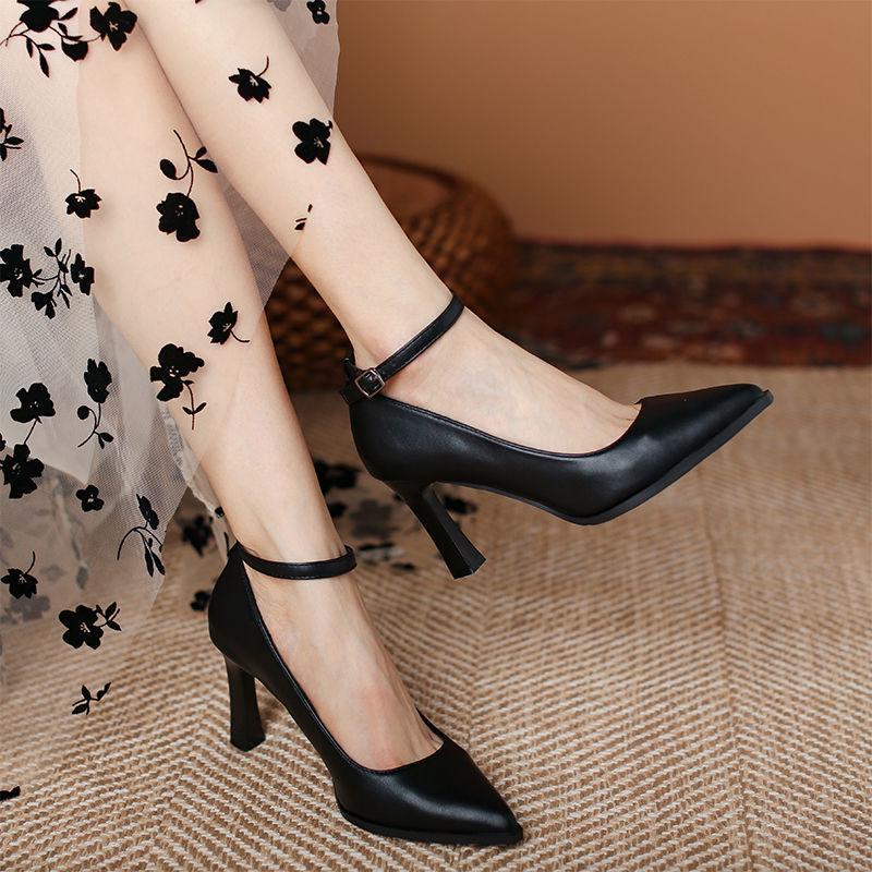

Черные туфли на толстом каблуке из мягкой кожи с острым носком - Универсальная, удобная обувь с ремешком на щиколотке для женщин Size 39