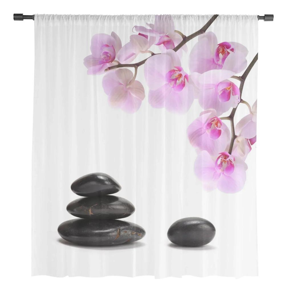 Orchid Black Stone Blush Pink Floral Pure White Soft Tulle Transparent Drapes Perfect for Living Room Decoration Window Panel Curtain for Bedroom