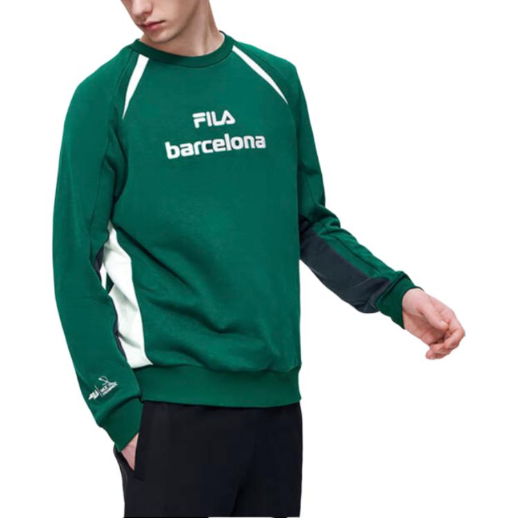 FILA Sports Lifestyle Series American Retro Color Block Logo Letter Print Crew Neck Knit Sweatshirt Men sweatshirt Wheat-Green F11M319201F-GN