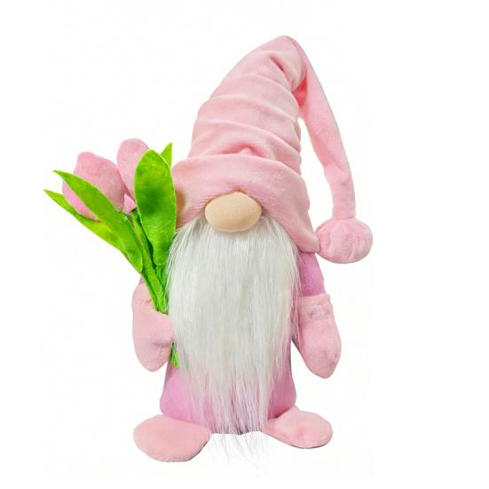 Valentine's Day Plush Gnome with Pink Tulips Spring Stuffed Gnome Doll for Tiered Tray Fireplace Table Decor Gifts for Her Wife Teacher Girls