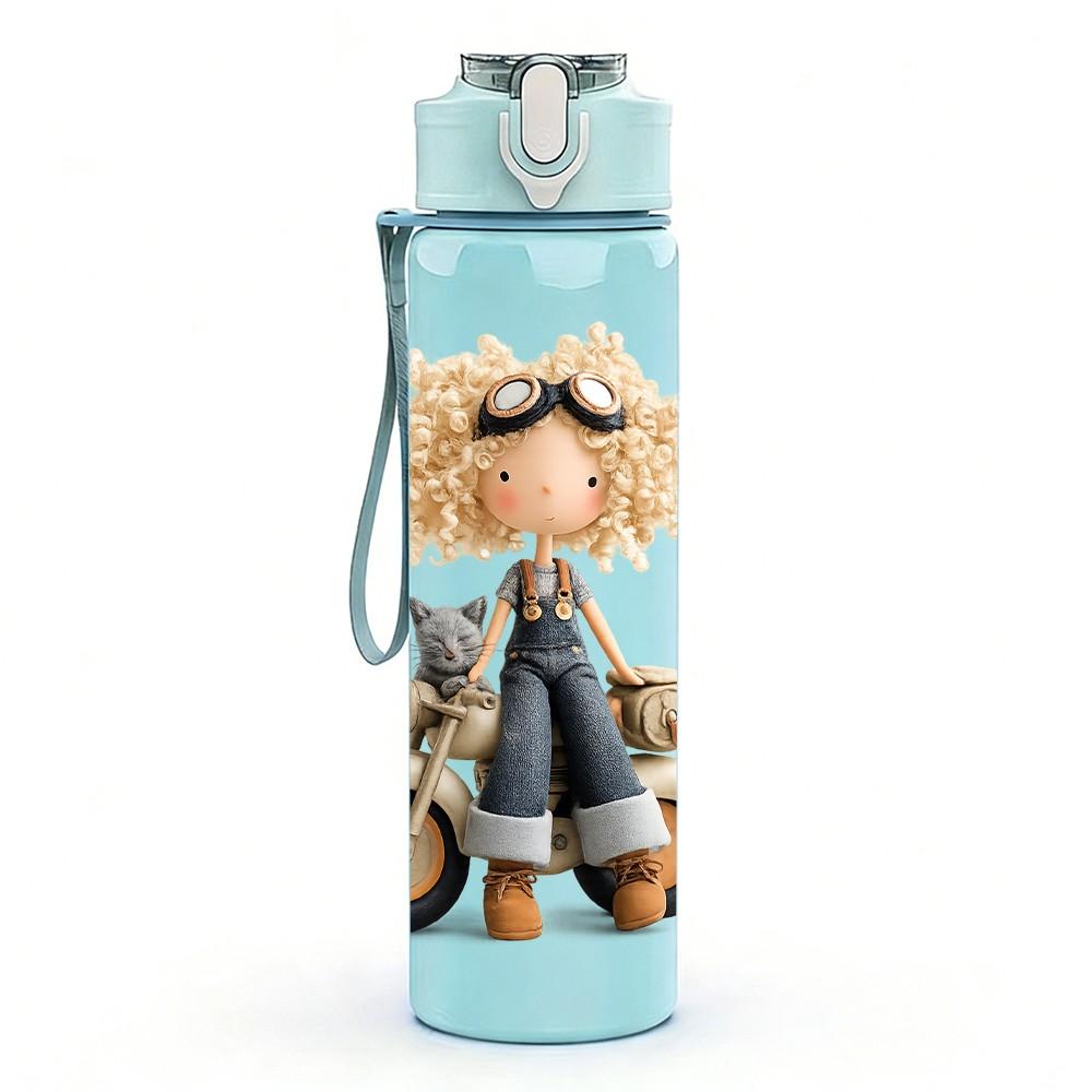 1PC Rag Doll Girl Ride Tiny Bike Print 750ml Color Plastic Sports Water Bottle Leakproof Flip Straw Lid Suitable for Sports Office Home Use