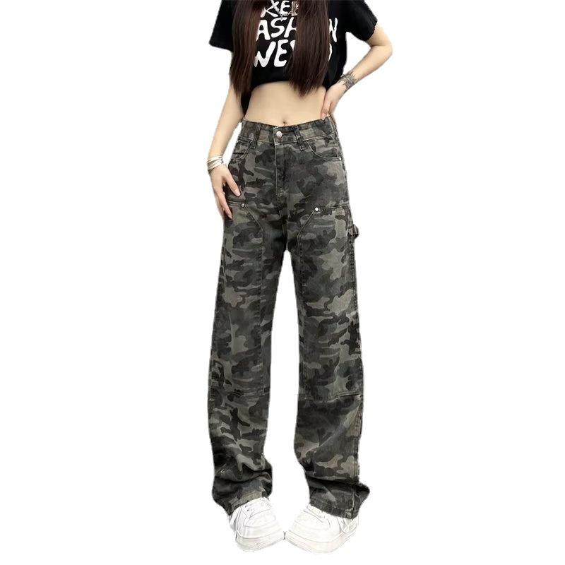 Amerikanische Ins Retro Camouflage Latzhose Herren und Damen Trendige Streetwear Lockere Gerade Jeans