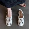 Soft Leather Version~ Square Head Woven Hollow Breathable Summer Sandals Women's Back Strap Flat-soled Pig Cage Shoes Baotou Roman Shoes