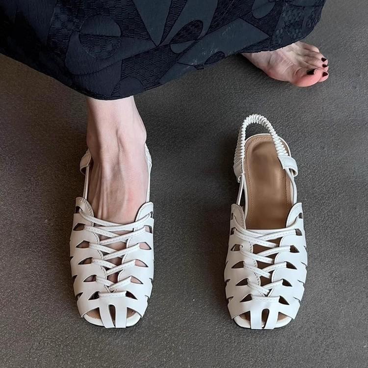 Soft leather version~ square head woven hollow breathable summer sandals women's back strap flat-soled pig cage shoes Baotou Roman shoes