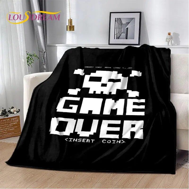 Kreslený Gamer Gamepad Game Over Měkká Plyšová Deka, Flanelová Deka Přehoz na Obývací Pokoj Ložnici Postele Pohovku Piknik