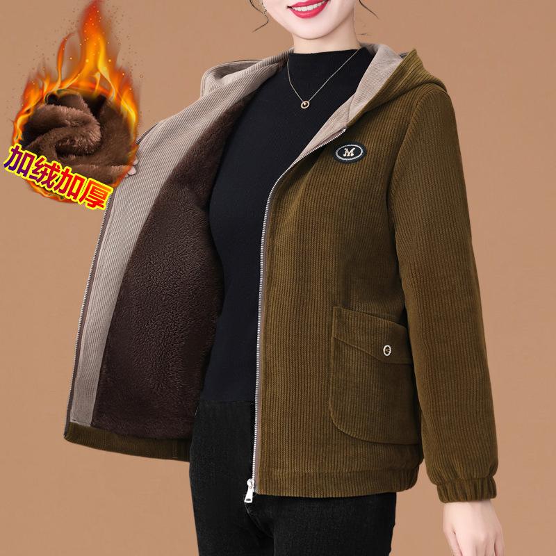 

Premium Women s Hooded Striped Corduroy Jacket - Autumn Winter Style for Stylish Middle-Aged and Elderly Moms with Plus Velvet Insulation. XL (90-110 lbs)