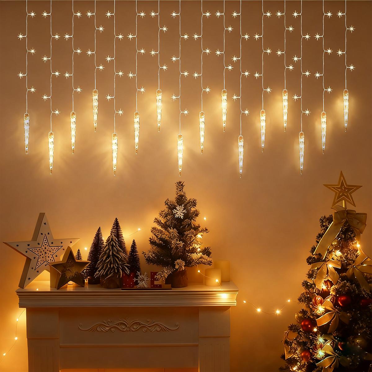 

1 шт. 96 светодиодных гирлянд-сосулек USB пульт дистанционного управления с 8 режимами Рождественская штора Сказочные огни Идеально для праздничного свадебного украшения 96LED теплый белый