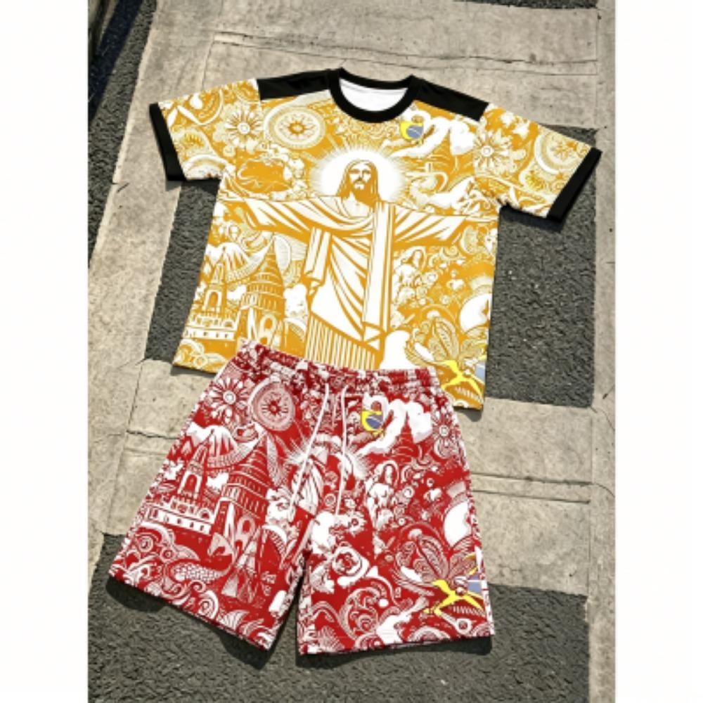 Fashion JESUS Printing Outdoor Street Men's T-shirt and Shorts 2 Piece Set Summer Casual Outfit Men's and Women's Sports Set