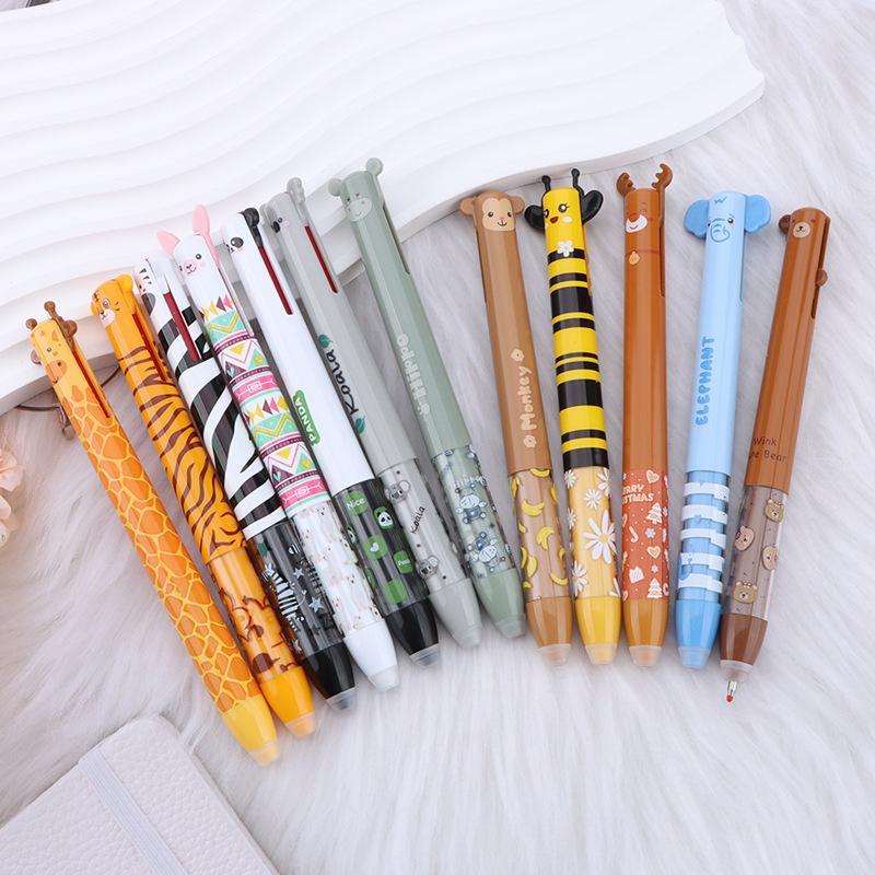 2Pcs Multifunctional Erasable Neutral Pens Animal Design Quick-Drying Gel Pen Double Ink Color Pens Writing Tool School Supplies