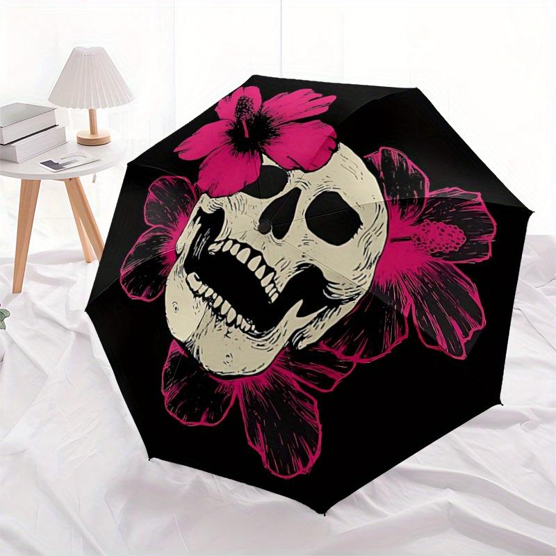 1pc Skull Flowers Automatic Folding Umbrella, 8-Rib Sturdy Canopy, Portable Travel Umbrella for Outdoor Use,093