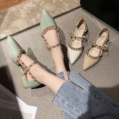 2024 Summer New Rivet In Heel Shoe Pointed Fashion Comfortable Thick Heel Bun Head Low Heels Behind Empty Elegant Women's Shoes