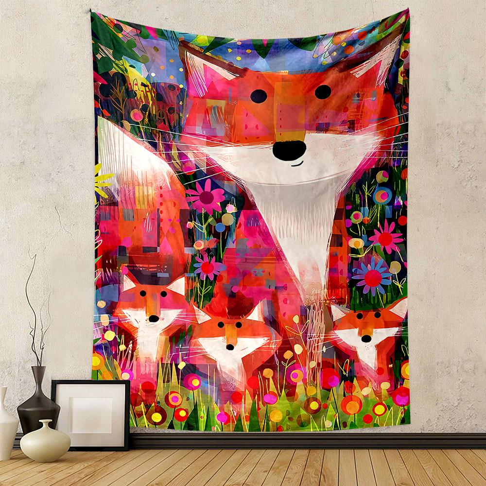 Colorful Fox Family In Blooming Meadow Patterned Tapestry Home Decor, Suitable for Bedroom and Living Room, Gift