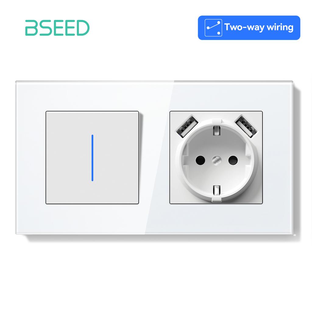 BSEED 1/2Gang Mechanical Light Switches 2way Pass Through Switch With EU Socket USB Type-c LED Indicator Glass Frames E Series