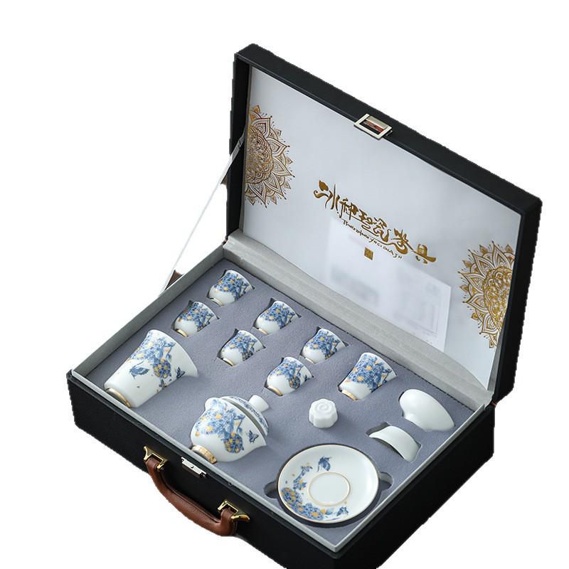 Ice Jade Mutton Fat Jade White Porcelain Tea Set with Enamel Painted Hydrangea and Sancai Gaiwan