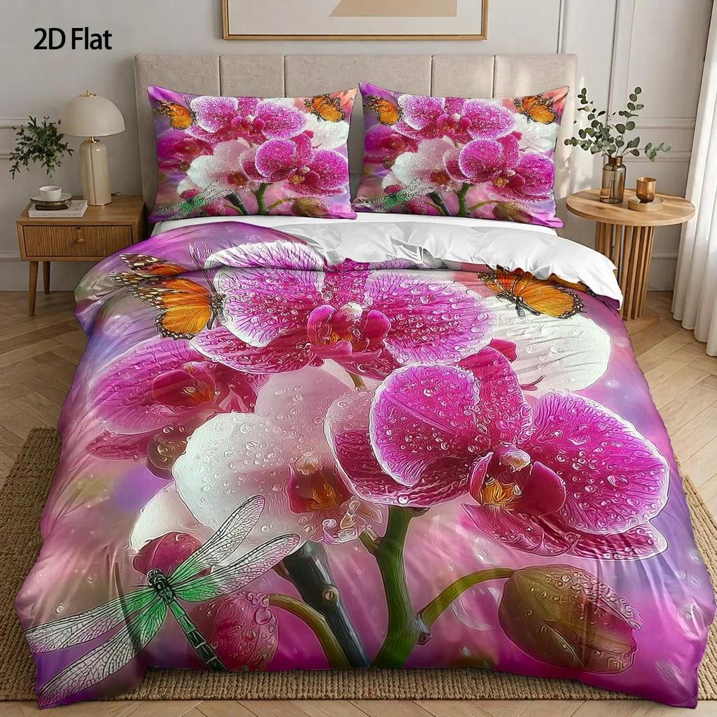 3Pcs Duvet Cover Set, 1 Duvet Cover + 2 Pillowcases, No Filling, Phalaenopsis Orchid Theme, Dreamy Style, Spring, Romantic Home