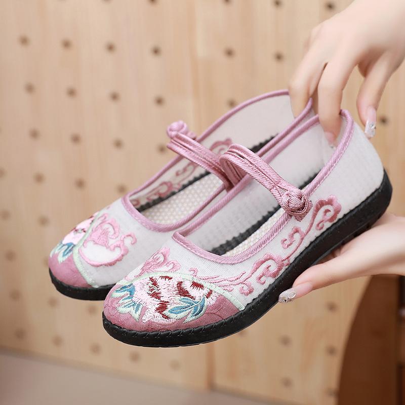 Qilu Global Old Beijing Cloth Shoes Mom Mesh Shoes Summer Breathable Ancient Style Embroidered Mesh Shoes