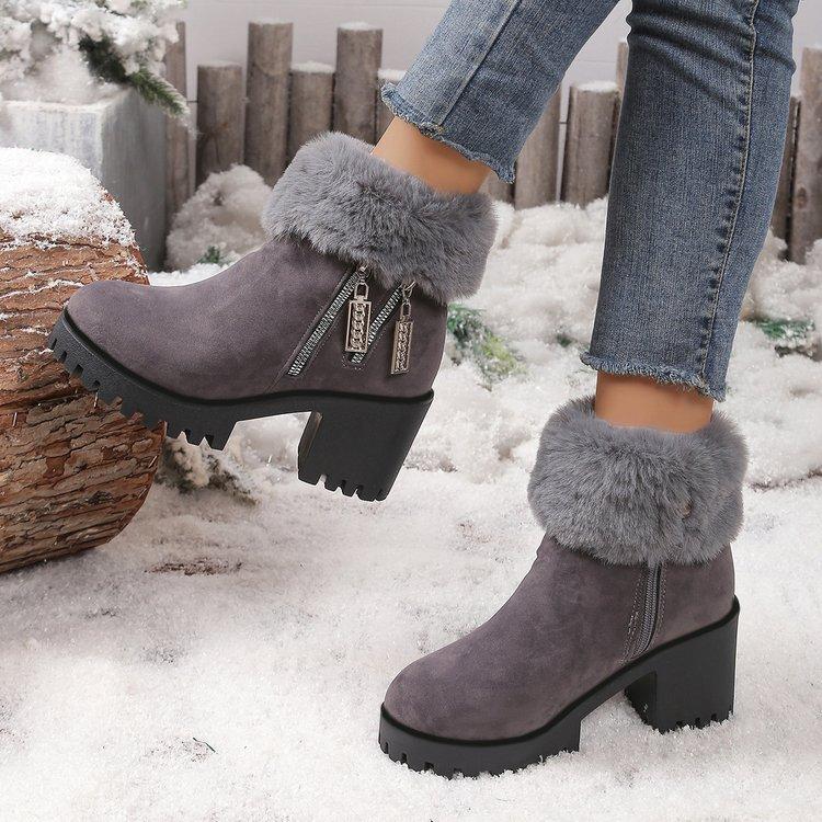 Square Heel Women Winter Shoes Classic Buckle Warm Fur Snow Ladies Boots High Heels Black Platform Ankle Boots