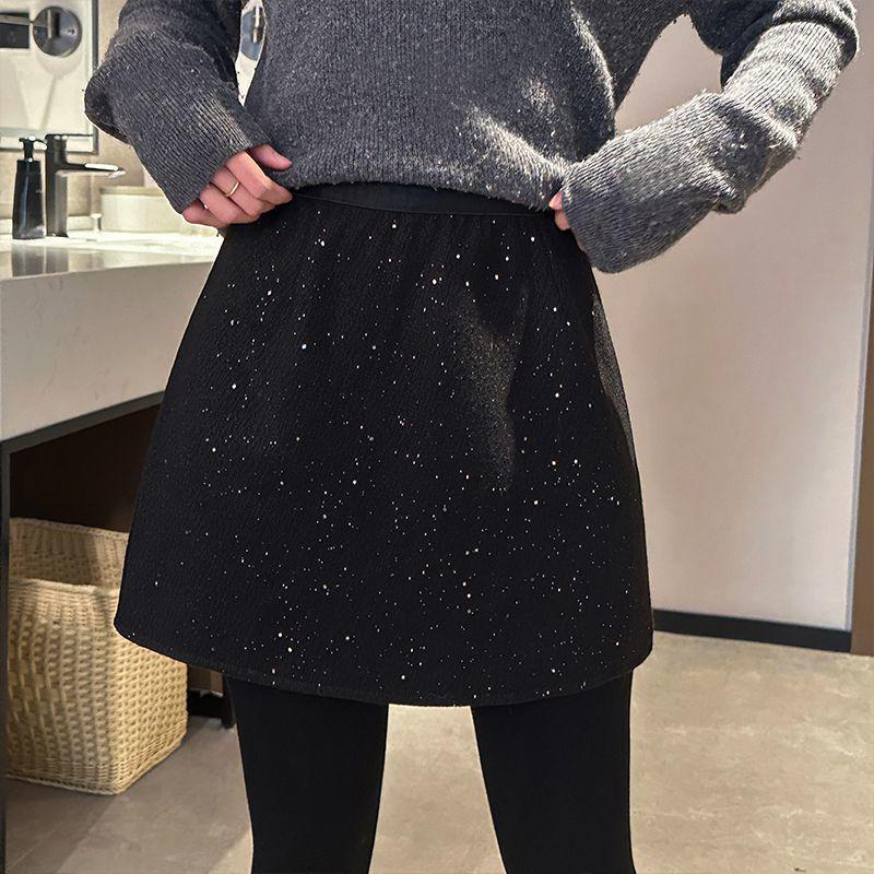 Winter Sparkling Starry High-Waisted Wool Blend Skirt with Silver Flakes