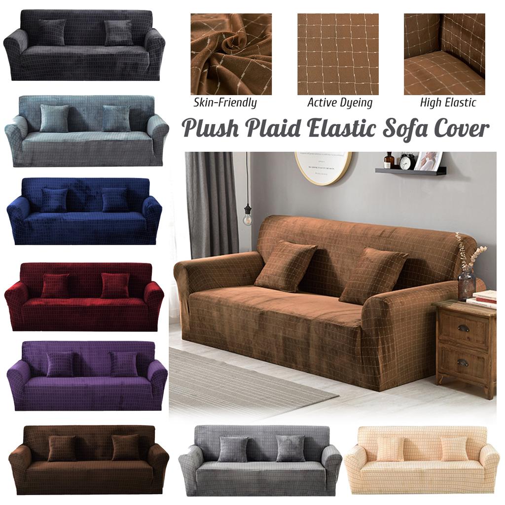 1//2//3//4 Elastic Sofa Cover Pillow Case Plush Plaid Solid Anti Slip Stretch Couch