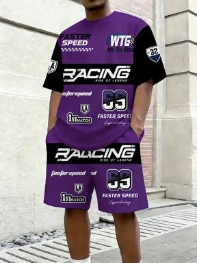 2026 Trendy Men's Casual Wear American Street Fashion Racing Racing Style Contrast Print T-Shirt Set