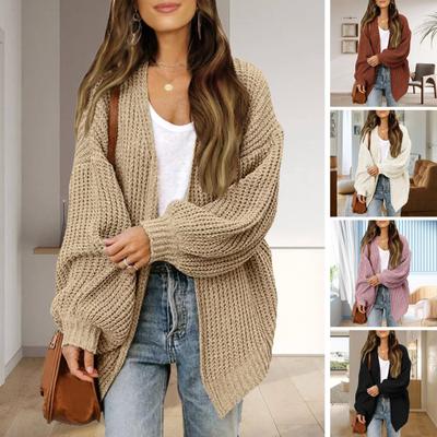Color Cardigan Sweater Lantern Long Sleeve Open Front Knitting Coat Mid-length Knitwear Outwear