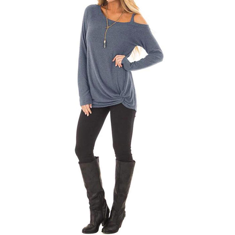 Womens Casual Soft Long Sleeves O Neck Knot Side Blouse Top T-Shirt