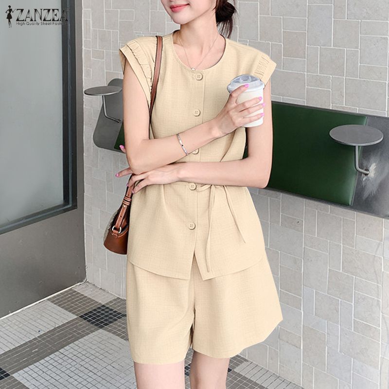 ZANZEA Women Sleeveless Tank Tops and Shorts Summer Two Piece Suit Sets