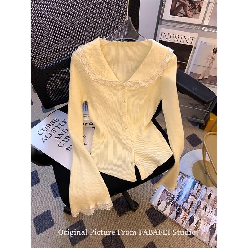 

2024 Women s Autumn Knitted Cardigan: French Lace Peter Pan Collar, Bell Sleeves, Skirt Hem Crop Top One Size (80-120 jin)