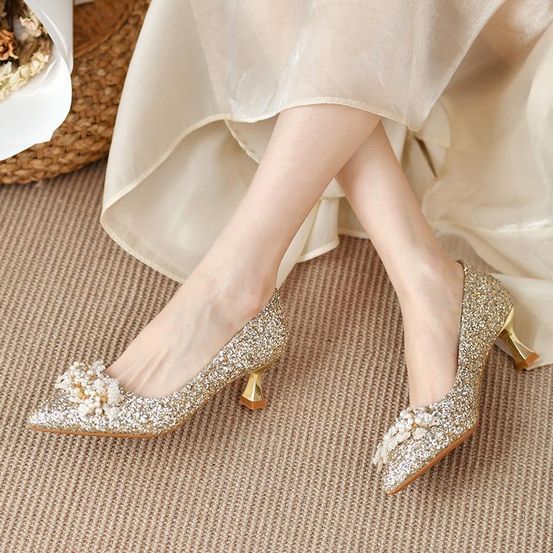 Red wedding shoes women's high heels stiletto champagne sequins bridal shoes wide fat feet large size women's shoes